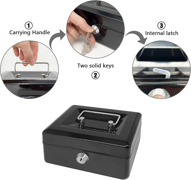 PACOLO Steel Cash Box with Key Lock, Metal Small Money Organizer with Money Tray,Cash Storage Box with Lockable Cover (Black - 12 inch) - Image 5